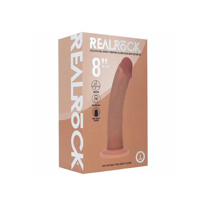 A product box for a REALROCK 8-inch realistic dual-density stimulating dildo, shown on a plain white background. The packaging is a warm peach-beige color with white branding text and a graphic of the dildo on the front.