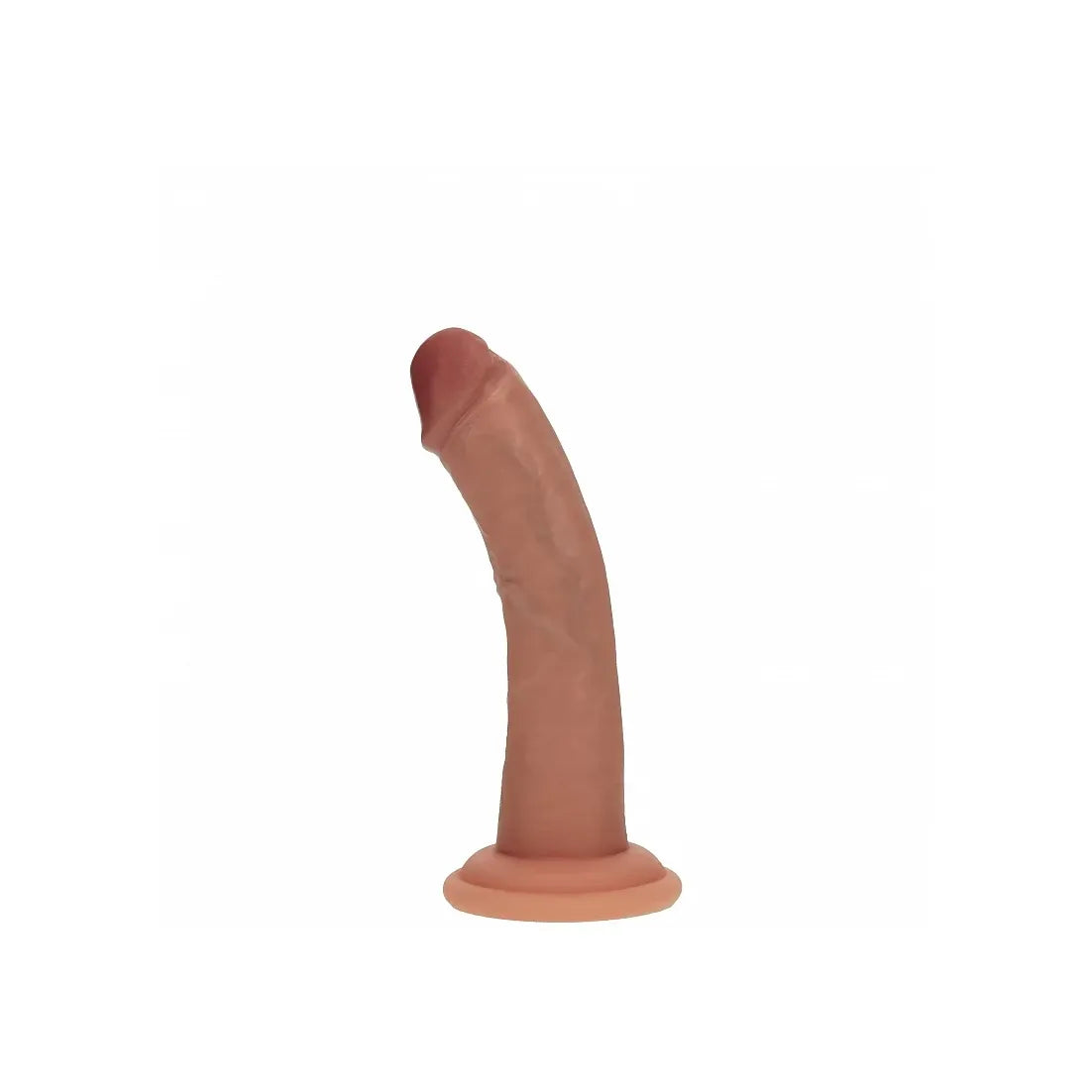Tan curved realistic dildo against a white background