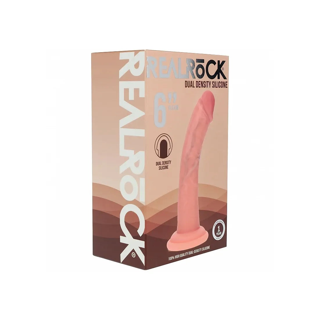 RealRock Dual Density Silicone 6 inch dildo packaging box, featuring a peach and brown design with a graphic of the pink silicone toy.
