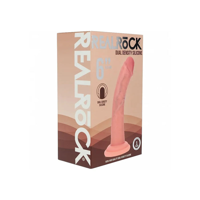 RealRock Dual Density Silicone 6 inch dildo packaging box, featuring a peach and brown design with a graphic of the pink silicone toy.