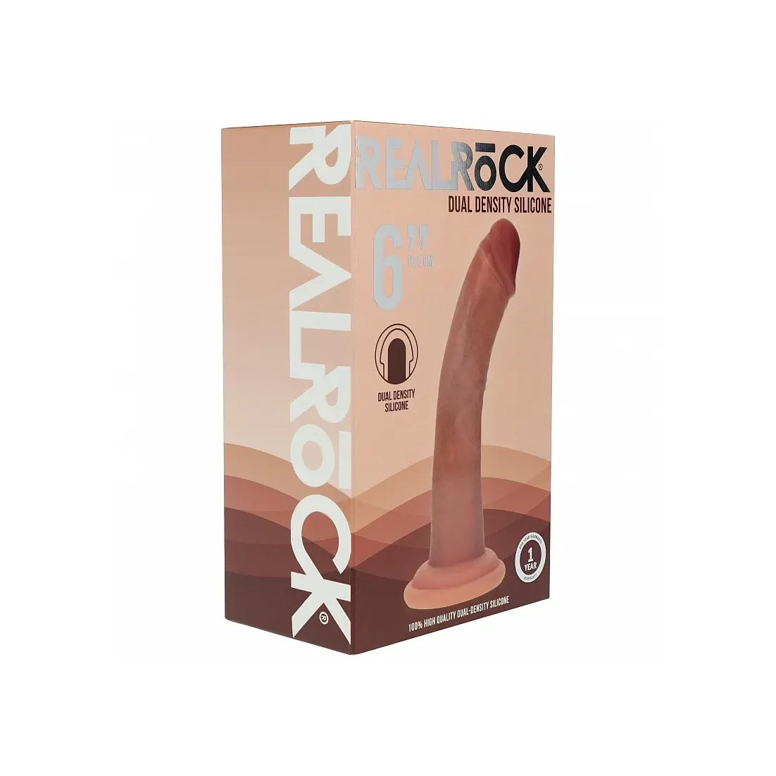 RealRock Dual Density Silicone product box in a warm tan and brown color scheme, featuring a graphic of the silicone dildo and product details.