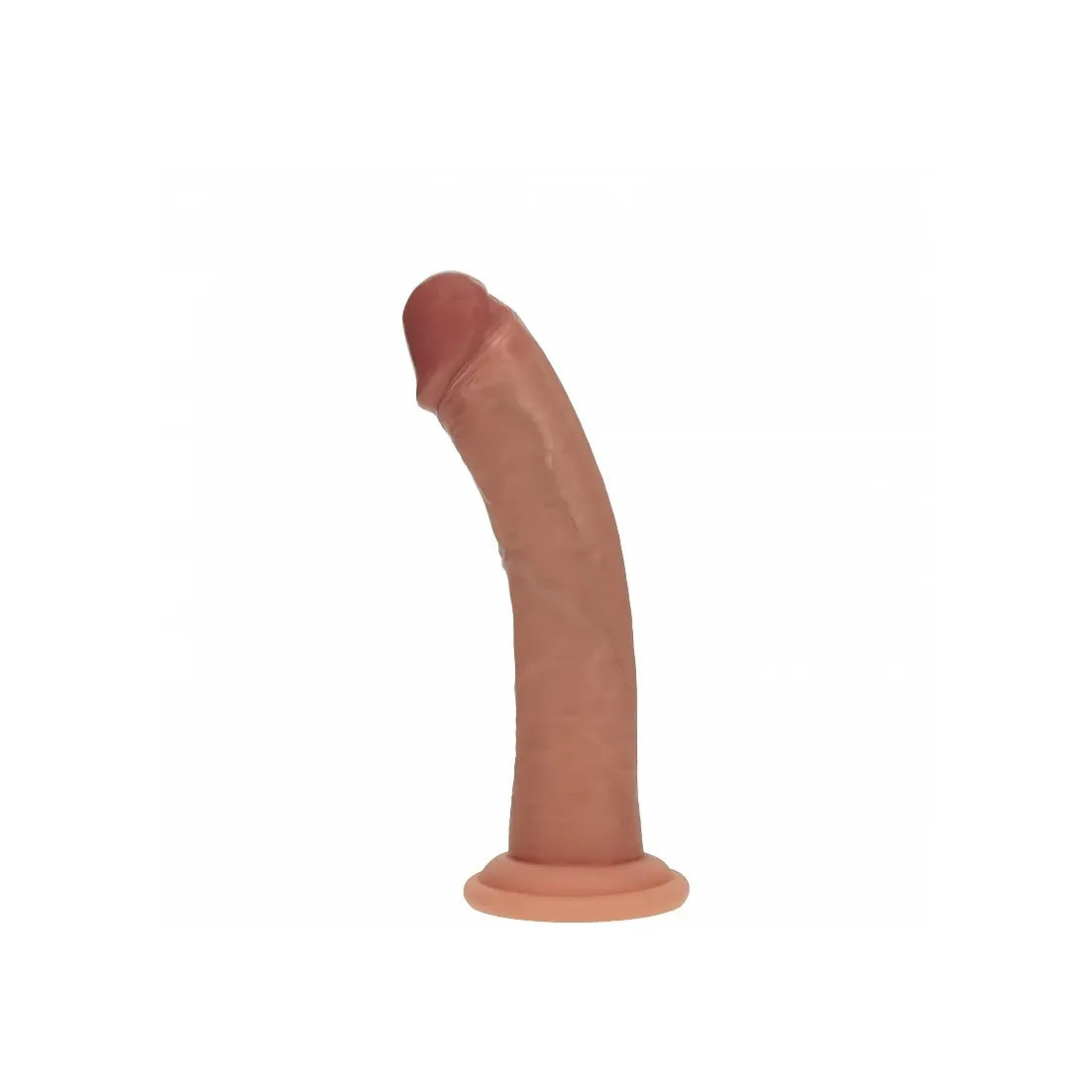 A realistic silicone dildo with a curved shaft and flared base, shown against a plain white background.