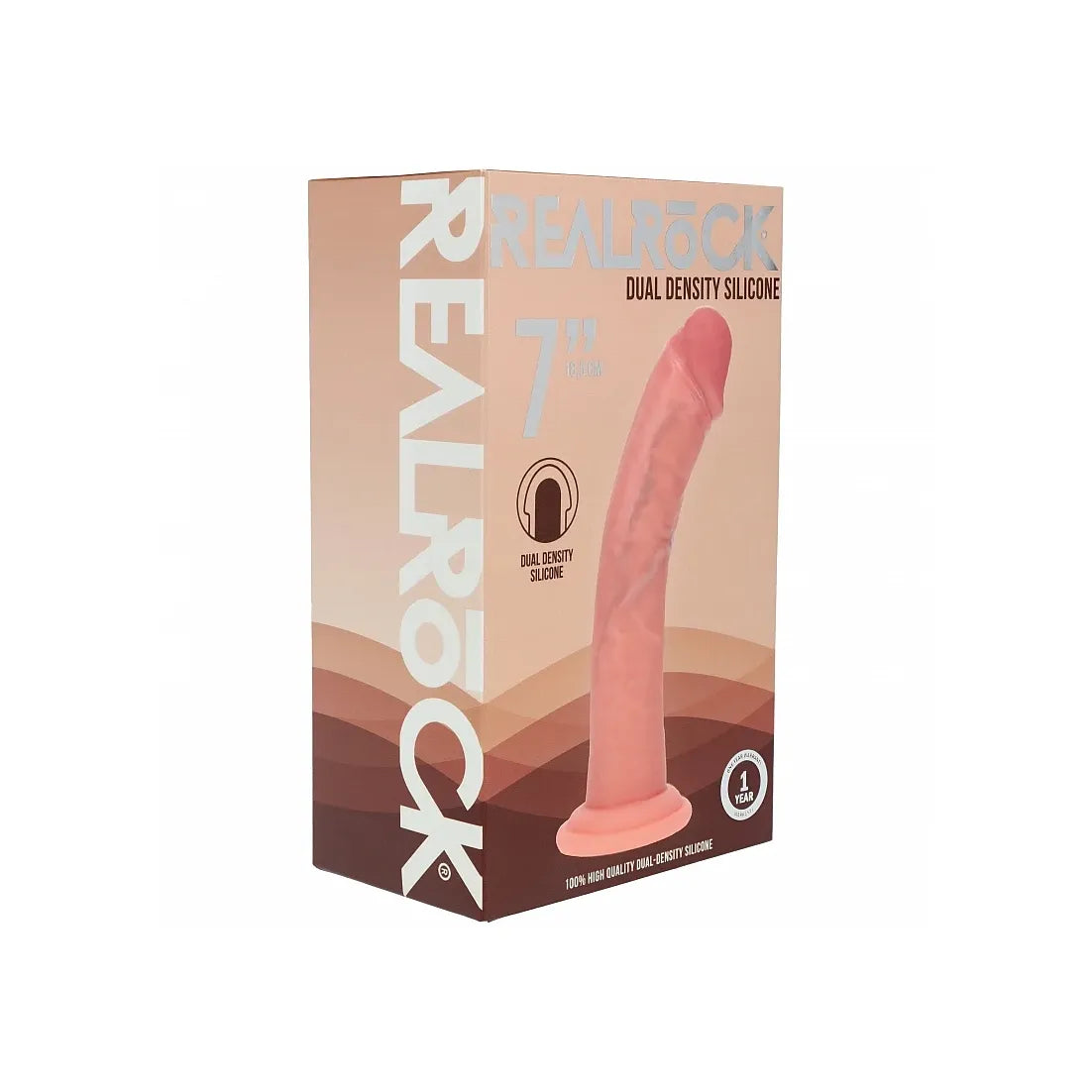 RealRock 7-inch dual density silicone box packaging, featuring a peach and brown design with a graphic of the pinkish-brown dildo on the front.