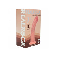 RealRock 7-inch dual density silicone box packaging, featuring a peach and brown design with a graphic of the pinkish-brown dildo on the front.