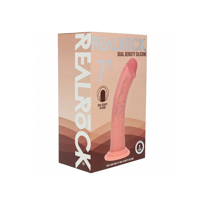 RealRock 7-inch dual density silicone box packaging, featuring a peach and brown design with a graphic of the pinkish-brown dildo on the front.