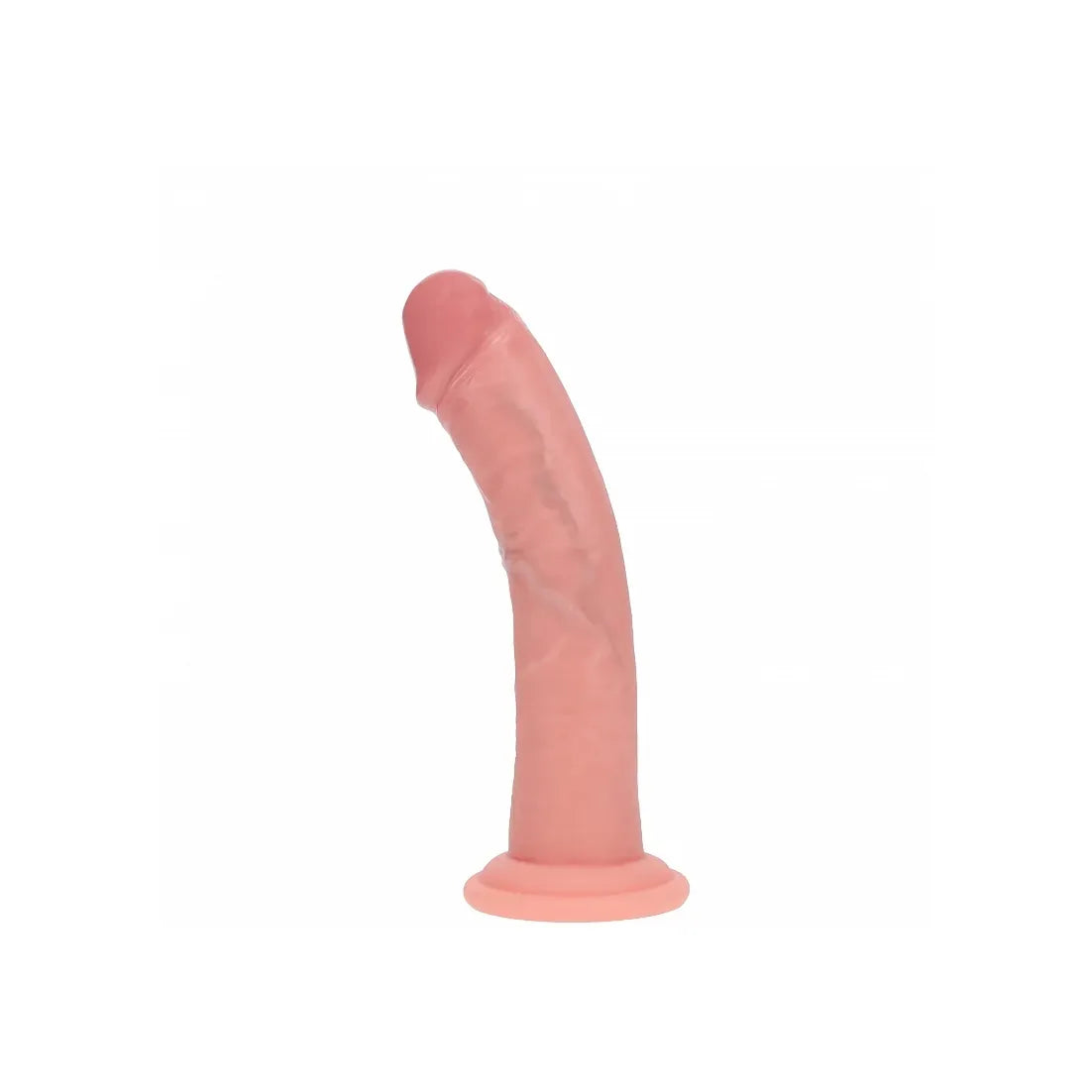 A realistic beige silicone dildo with a flared base, photographed against a plain white background.