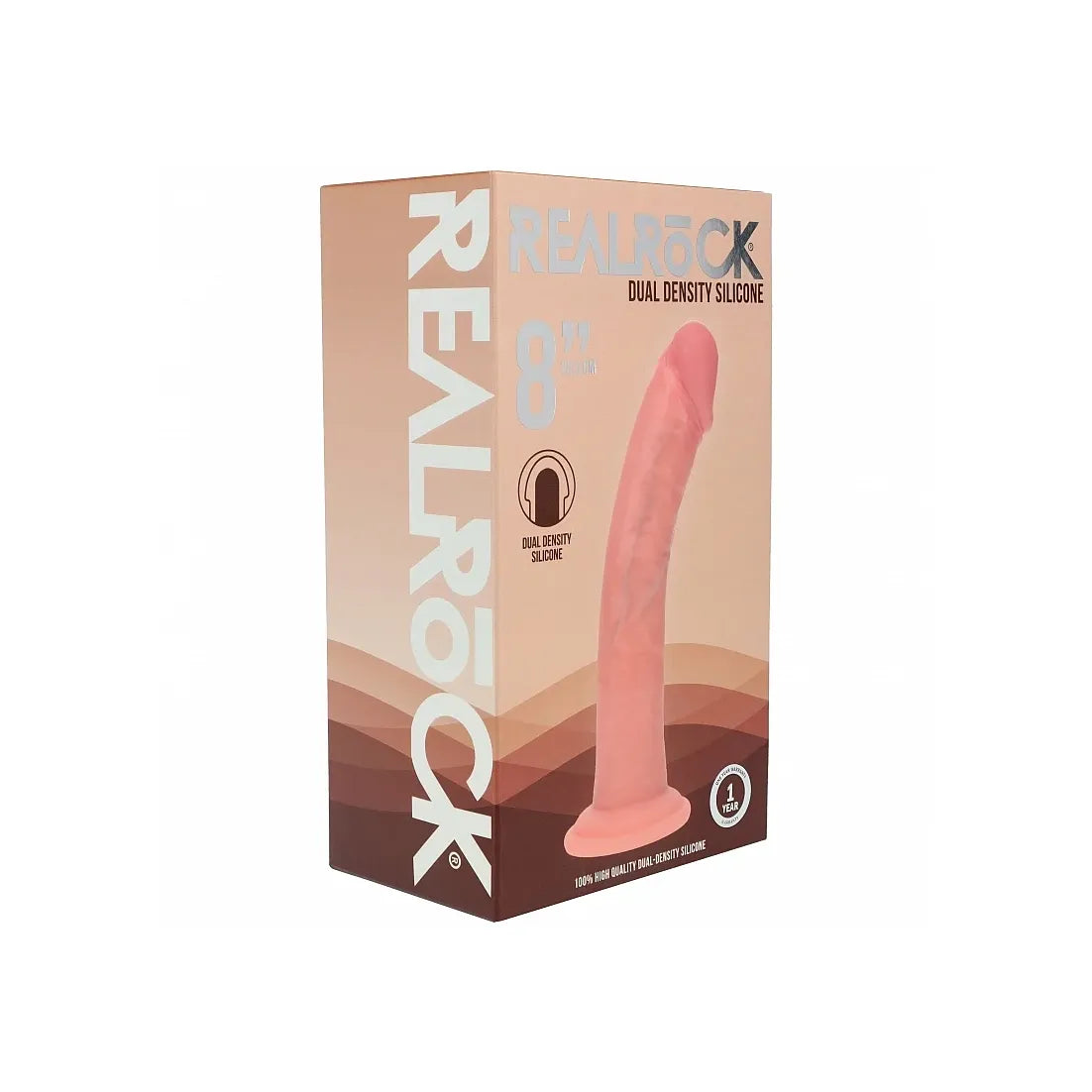RealRock 8-inch Dual Density Silicone dildo packaging box, featuring a peach and brown design with a graphic of the pink silicone product.