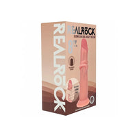 RealRock 8-inch sliding skin dual-density silicone package box, featuring a pink dildo illustration and white vertical brand text on a peach and brown box.