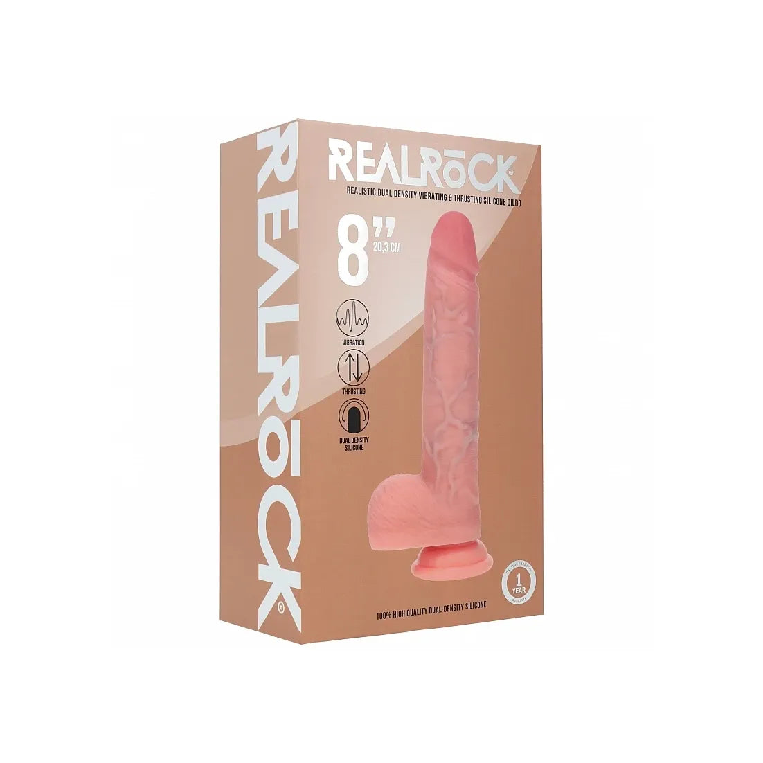RealRock 8-inch dildo packaging box in a warm tan color, featuring a photo of the pink textured dildo on the front and large vertical REALRACK branding on the side.