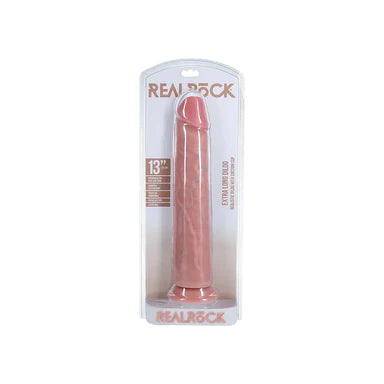 an extra long beige penis shaped dildo with a suction cup base shown in its plastic packaging