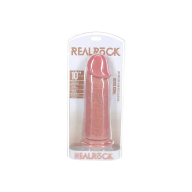 an extra thick beige penis shaped dildo with a suction cup base shown in its plastic packaging