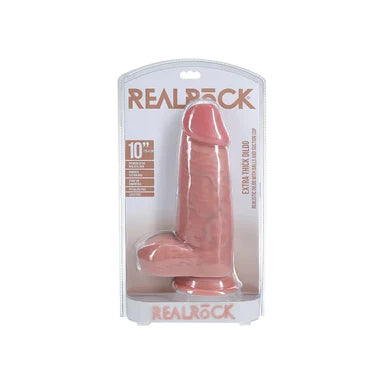 an extra thick beige detailed penis shaped dildo with balls and a suction cup. Shown in its plastic packaging.