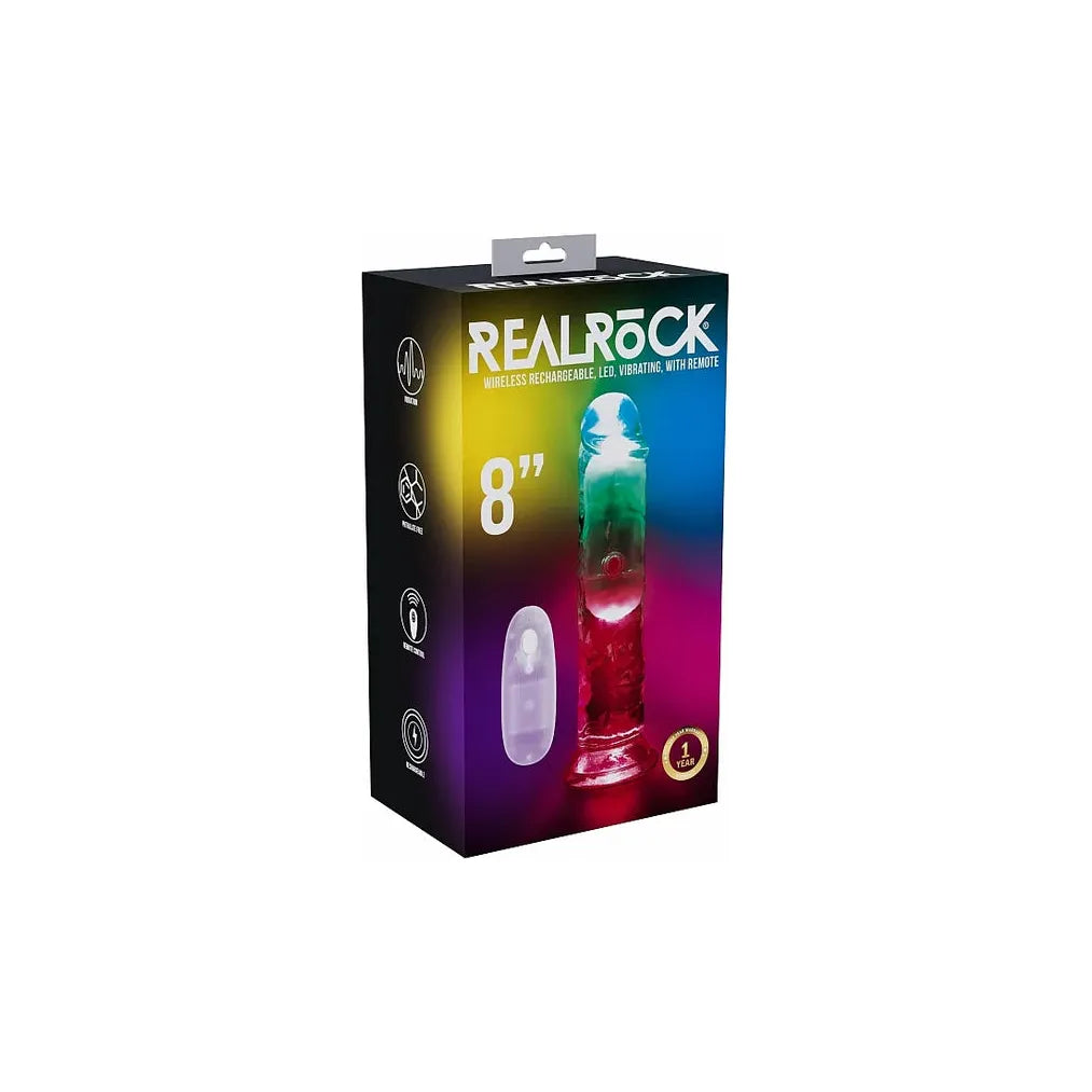 vibrating led realistic dildo 8" with remote control, on box packaging