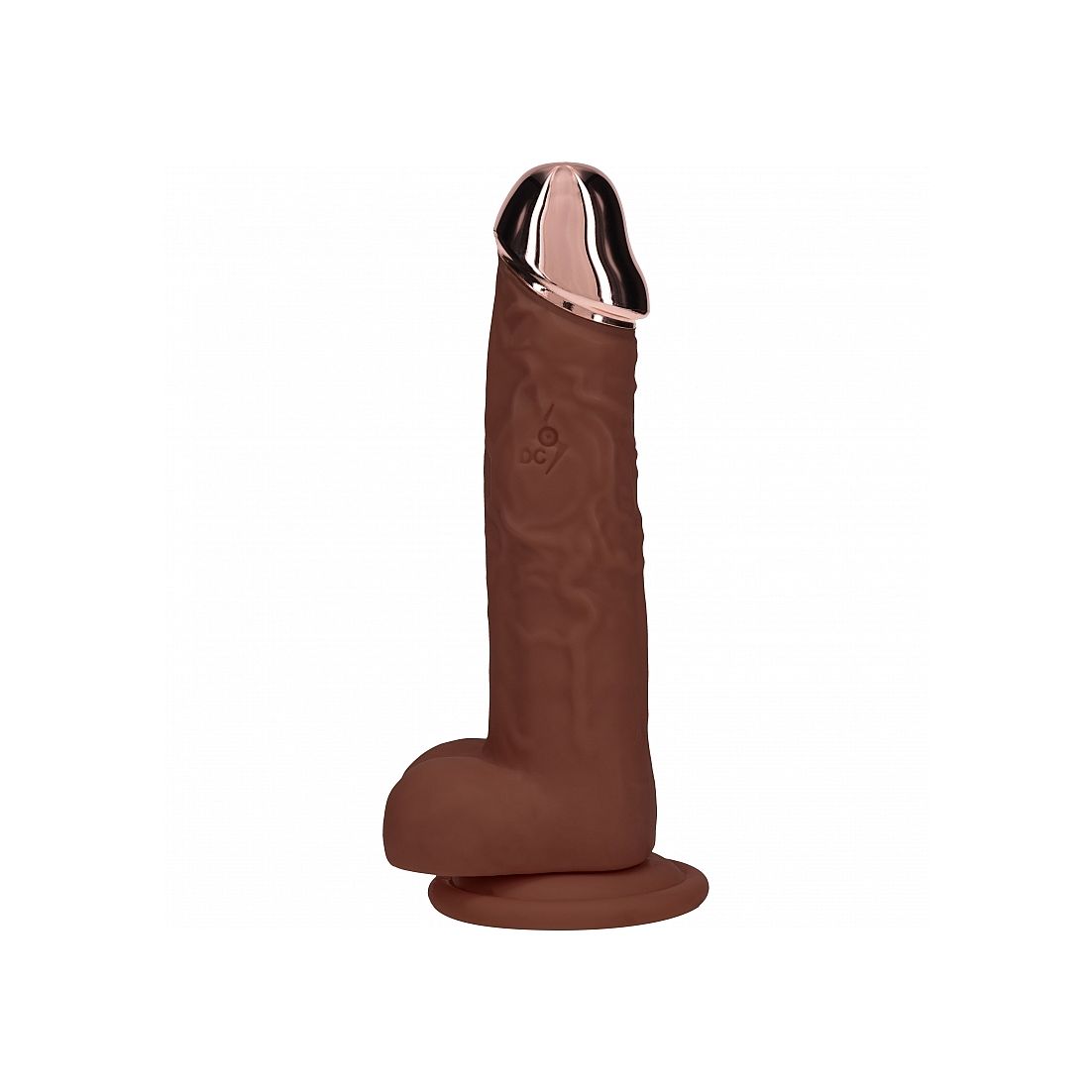 Brown silicone dildo product with rose gold cap on a white background