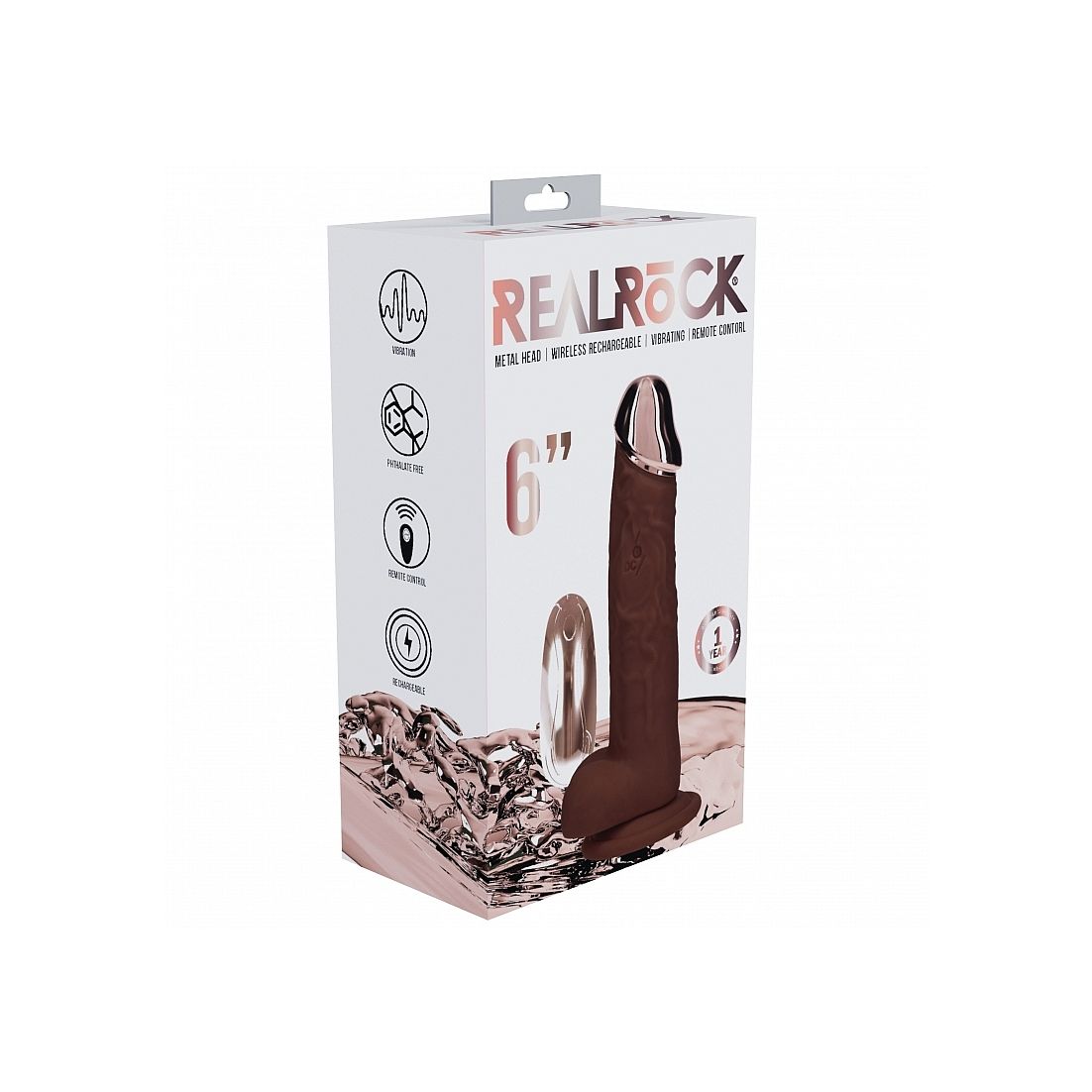RealRock product packaging with a 6-inch dildo on a white background