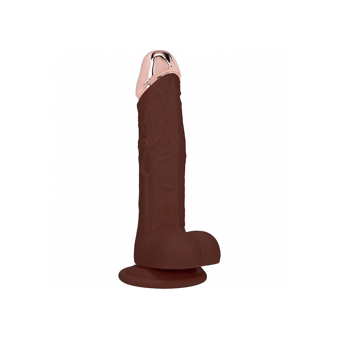 Brown dildo with rose gold cap on a white background