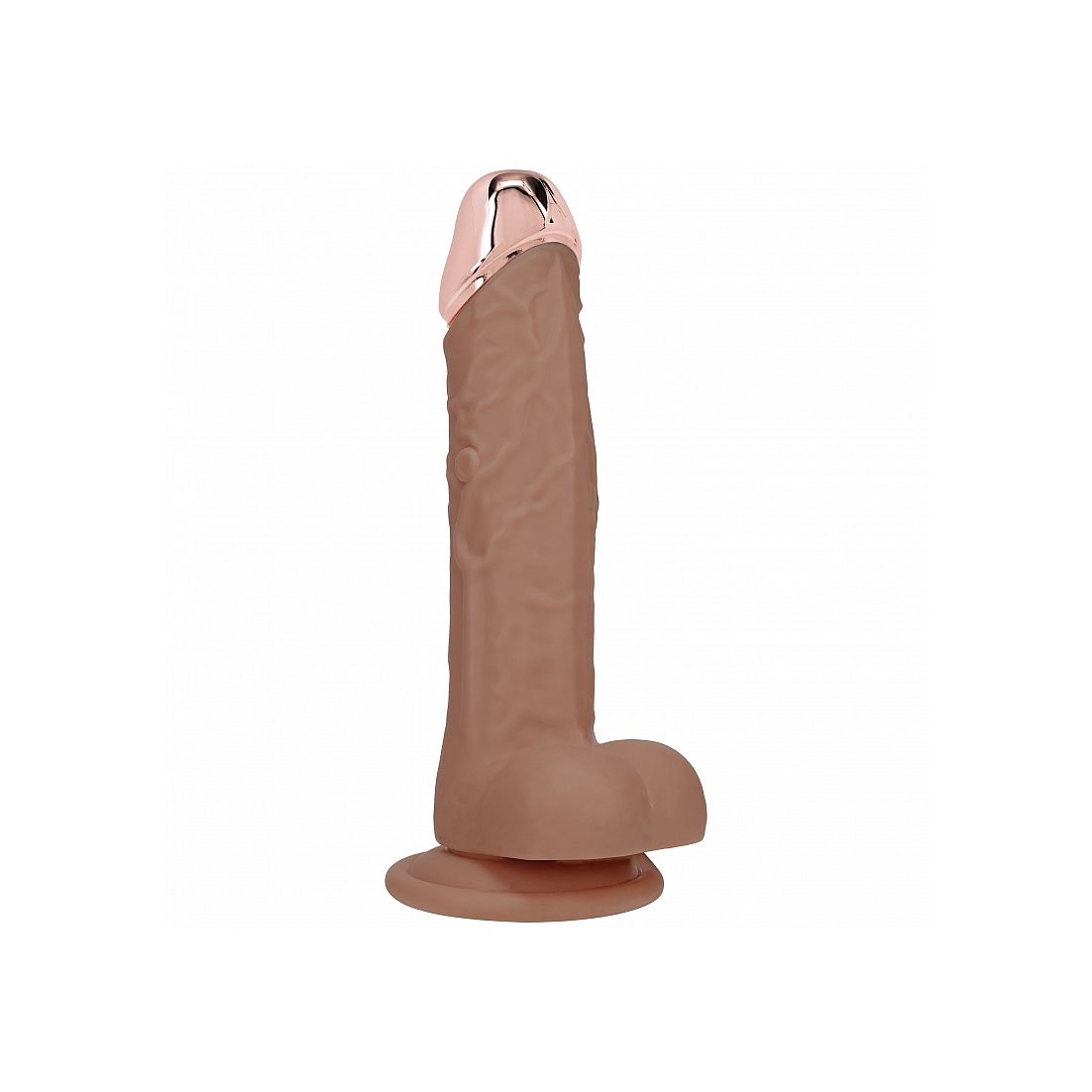Tan dildo with rose gold cap on a white background