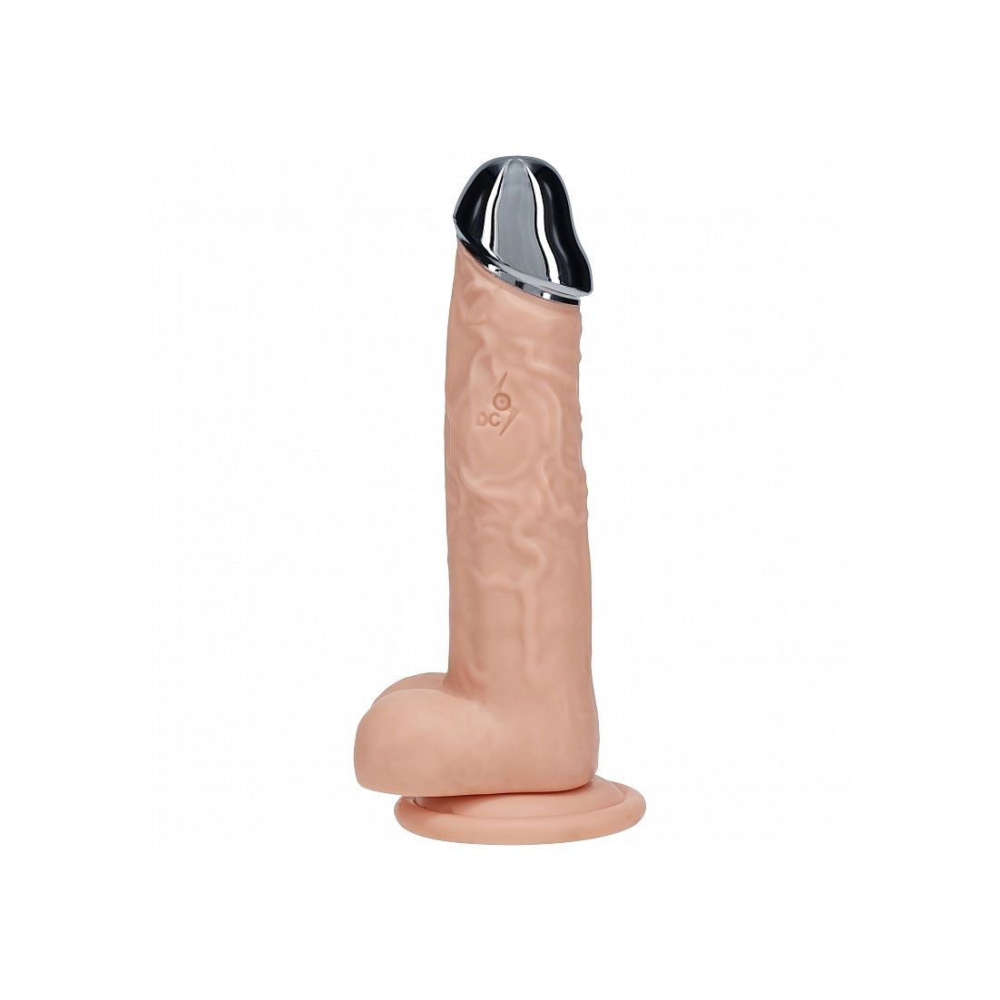 dildo product with a metallic tip on a white background