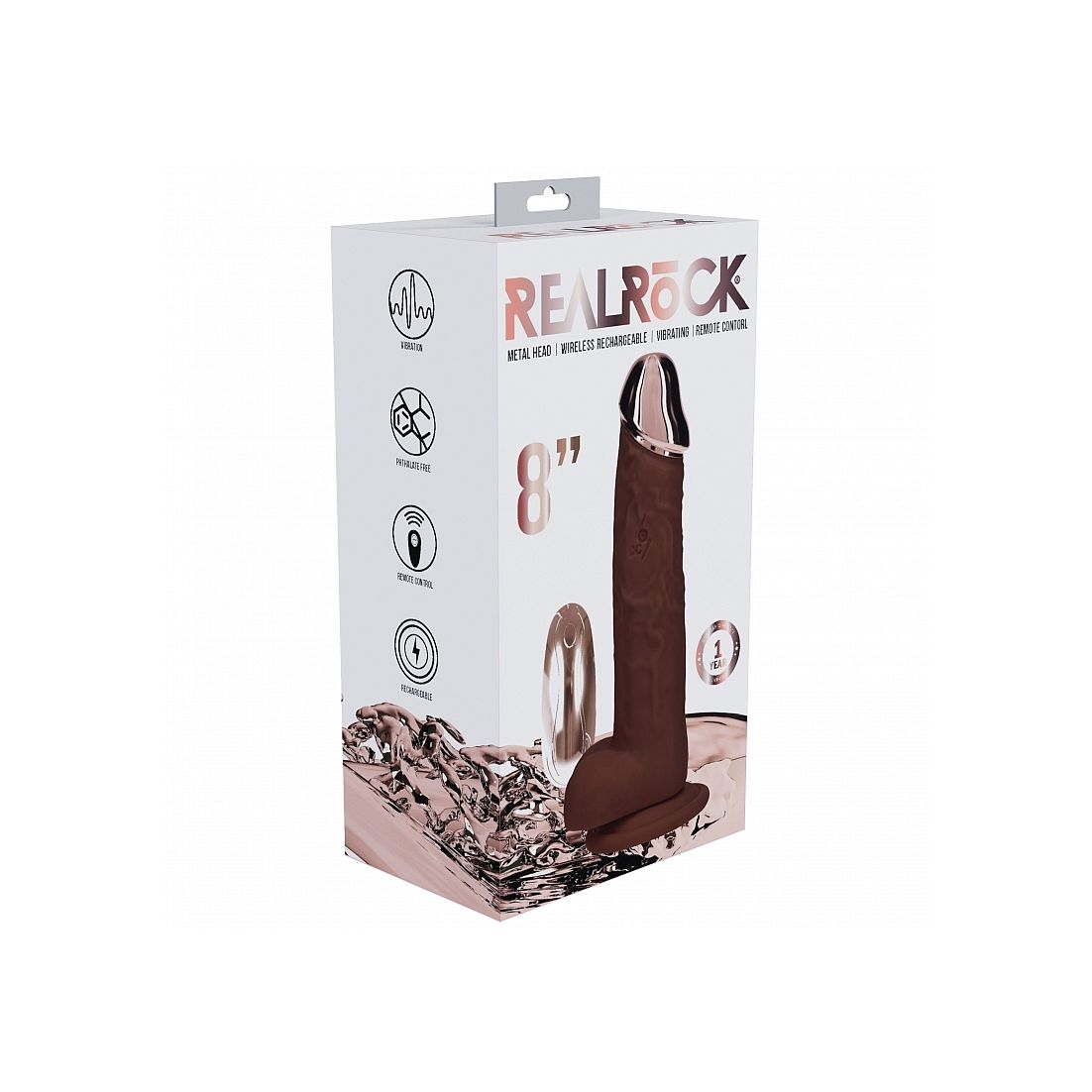 8" dildo product packaging with 'REAL ROCK' branding on a white background