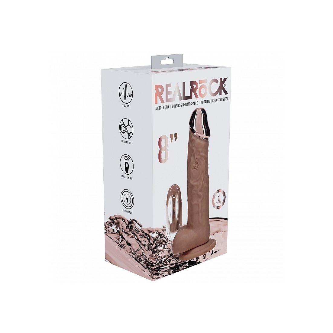 8" dildo product packaging with 'REAL ROCK' branding on a white background