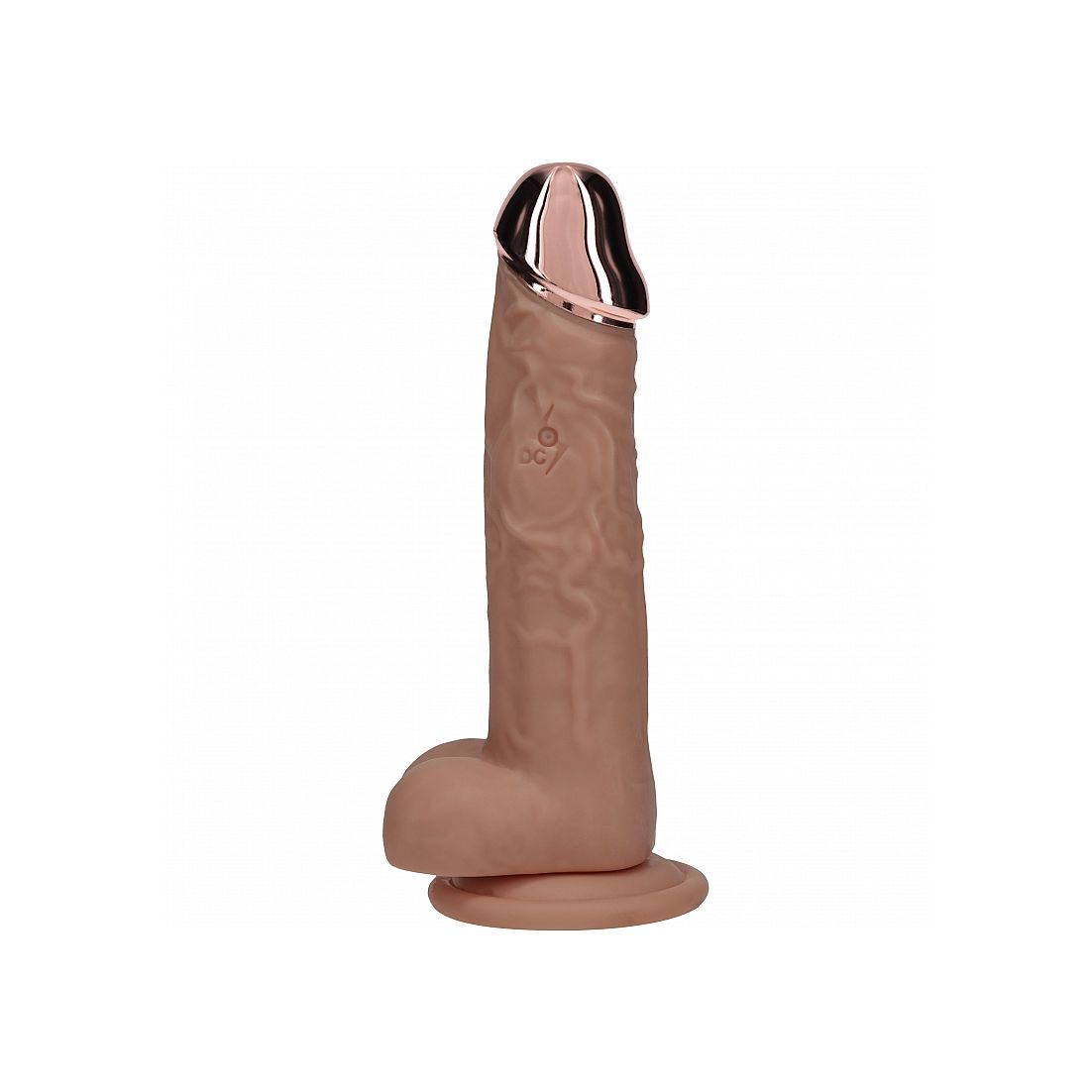 dildo product with rose gold top on a white background