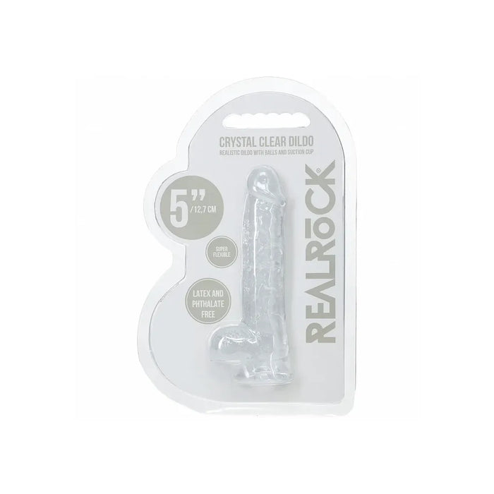 Clear silicone dildo in packaging with 'Real Rock' branding on a white background