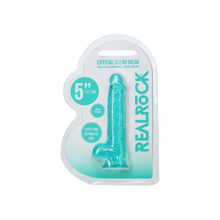 Crystal clear dildo in packaging with 'Real Rock' branding on a white background