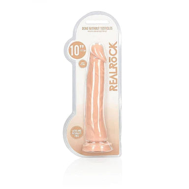 a beige penis shaped dildo with a suction cup base in its plastic packaging