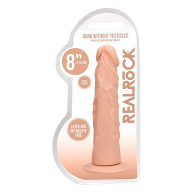 a beige penis shaped dildo with a suction cup base in its plastic packaging