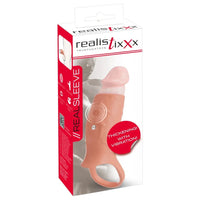 realistic open ended penis extension with ball strap on box packaging, thickening with vibration