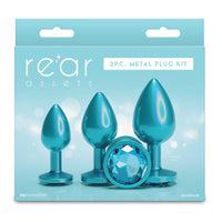 3-piece metal plug kit packaging with teal plugs on a light blue background