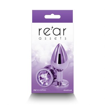 The product image shows a purple and silver anal plug in its packaging, with the brand 'Rear Assets' displayed. The plug has a smooth, chrome-plated finish and a tapered shape for easy insertion.