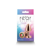 metal rainbow anal plug with gem, rear assets petite on product packaging on white back ground