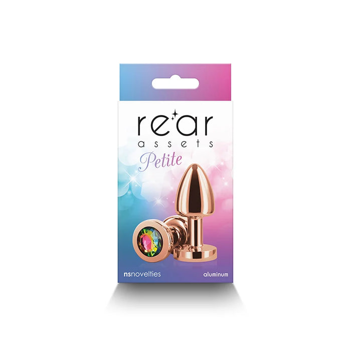 metal rainbow anal plug with gem, rear assets petite on product packaging on white back ground