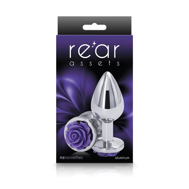 The product image shows a shiny, silver-colored anal plug with a rose-shaped base, presented in a package with a purple and black design.