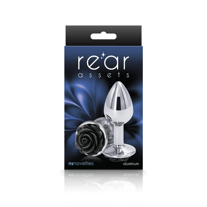 rear assets aluminum rose small anal plug in silver and black