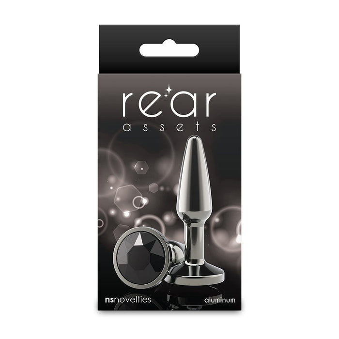 Package of a metallic anal plug with 'rear assets' branding on a white background