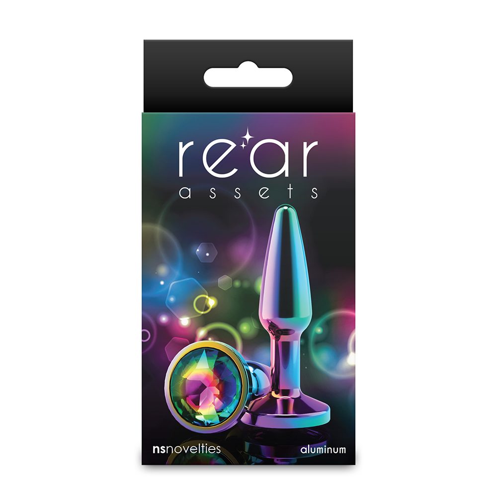 Package of a colorful butt plug with 'rear assets' branding on a white background