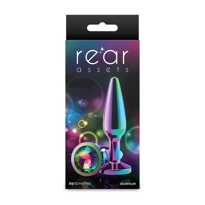 Package of a colorful butt plug with 'rear assets' branding on a white background