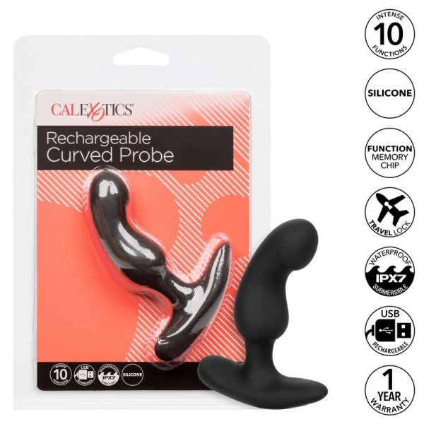 A black, curved silicone anal probe with a smooth texture. The packaging highlights its rechargeable feature and 10 powerful functions, including vibration, pulsation, and escalation.