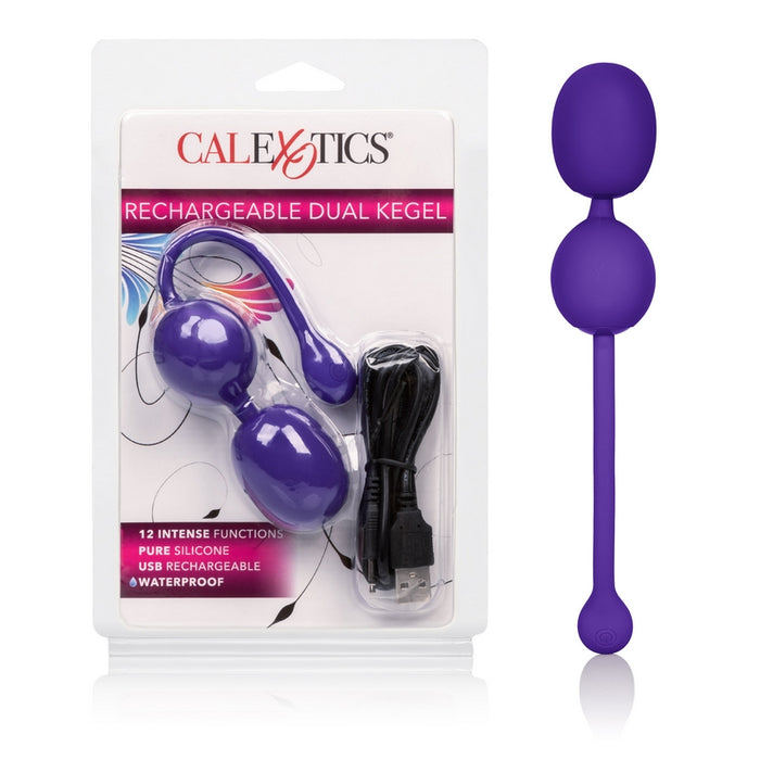 purple dual kegel ball with tail next to package