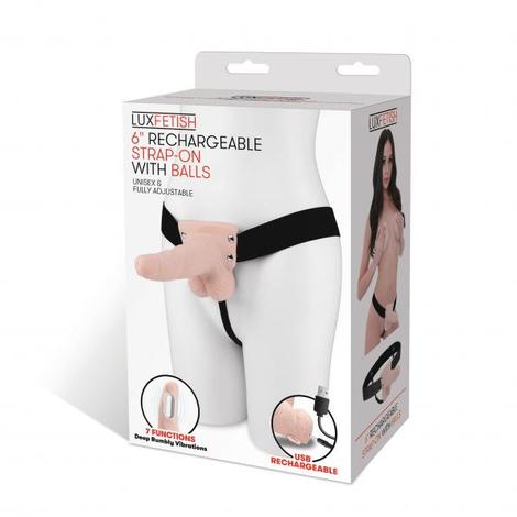 beige 6" rechargeable strap on with balls