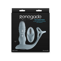 grey thrusting anal probe with cock ring and wireless remote control on box cover