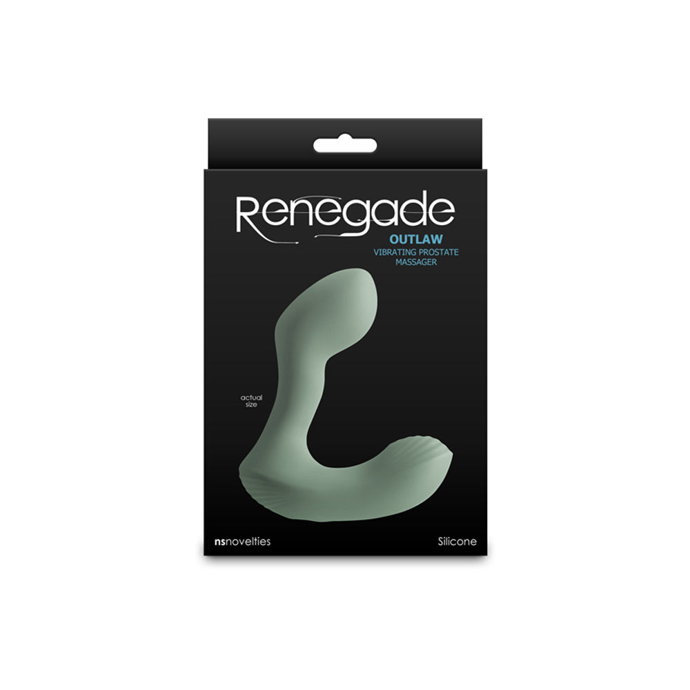 Green outlaw vibrating prostate massager inside packaging.