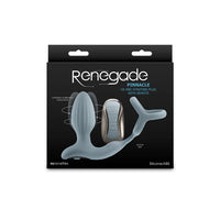 grey vibrating and gyrating anal plug with attached cock ring and remote on box packaging