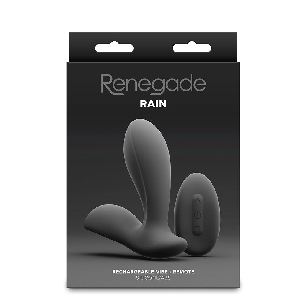 Renegade Rain rechargeable anal vibrating plug packaging on a white background