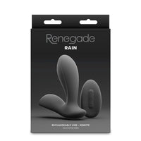Renegade Rain rechargeable anal vibrating plug packaging on a white background