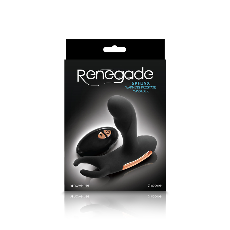 Black sphinx warming prostate massager inside packaging.
