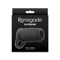 Renegade Supreme liquid silicone penis harness packaging on a white background