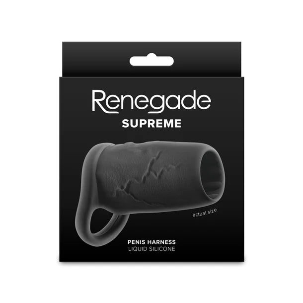 Renegade Supreme liquid silicone penis harness packaging on a white background